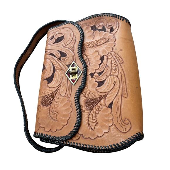 Vintage 1970s Hand-Tooled Leather Top Handle Bag - Picture 4 of 8